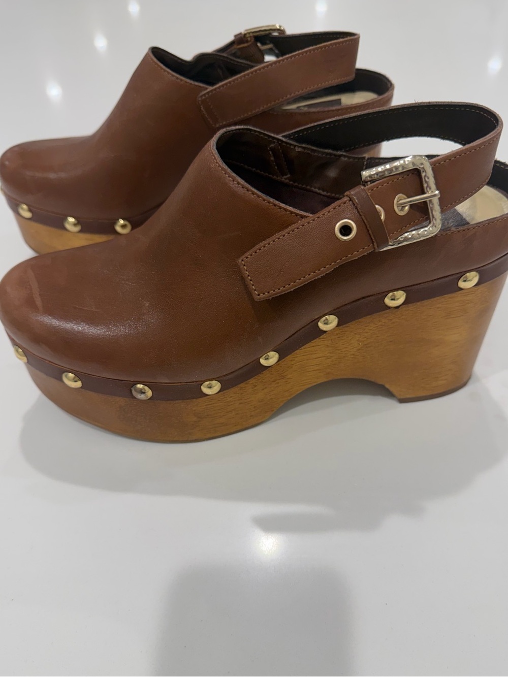 Dolce Vita Brown Leather Platform Clog Sandal with Studded Wood Wedge 8.5